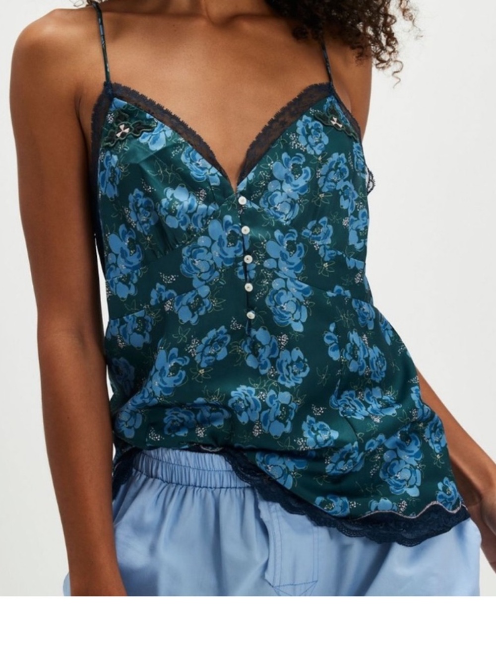 FREE PEOPLE NIGHT SPECIAL BUTTON FRONT FLORAL CAMI TEAL MEDIUM AND LARGE